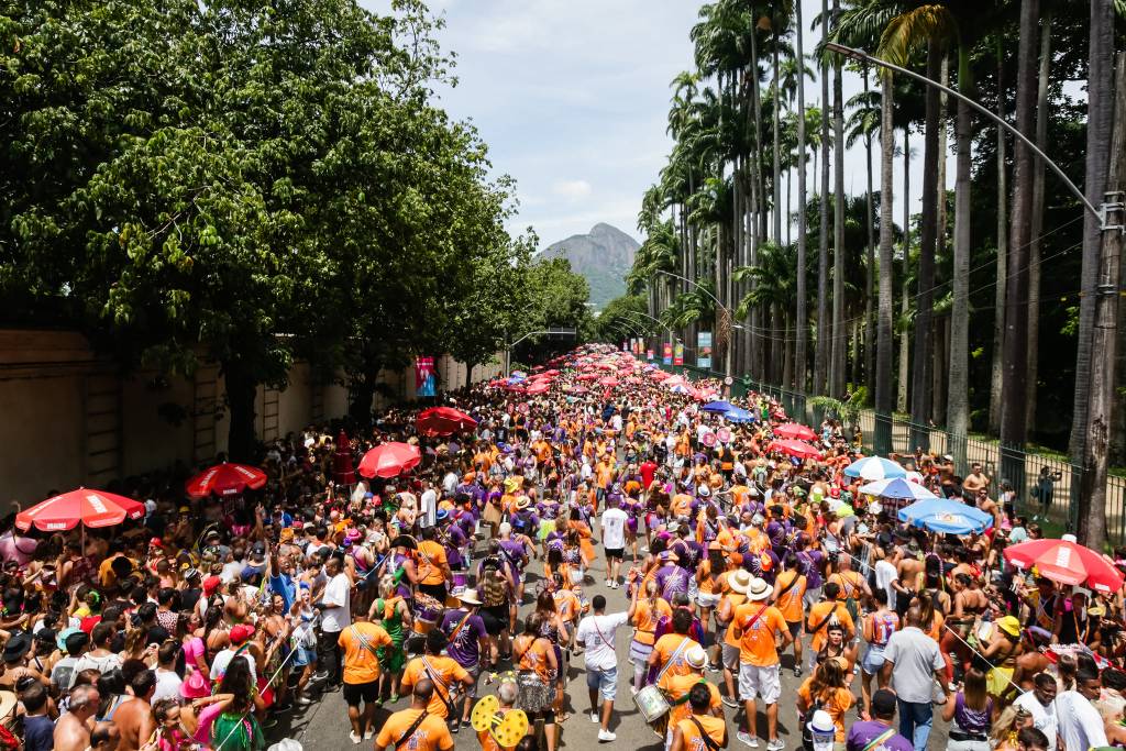 Foto mostra bloco com pessoas aglomeradas na Rua Jardim Botânico