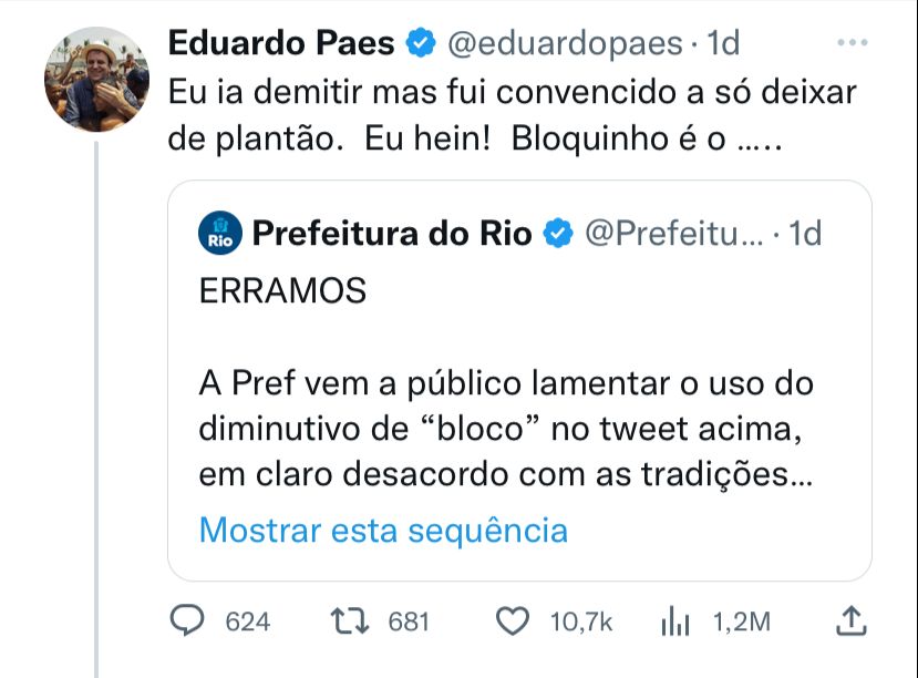 Errata com humor: Paes usa as redes para se desculpar com graça.