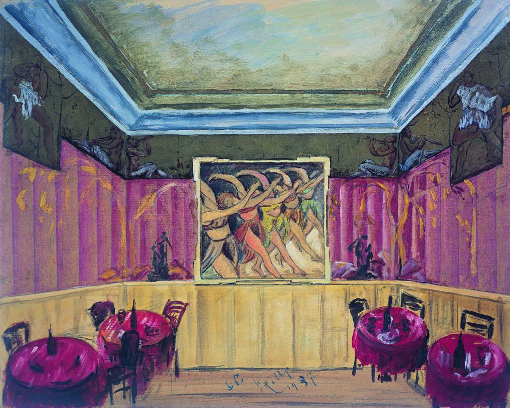A pintura apresenta um teatro, com figuras dançando no palco e mesas e cadeiras vazias na plateia