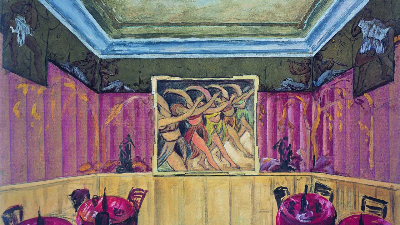 A pintura apresenta um teatro, com figuras dançando no palco e mesas e cadeiras vazias na plateia