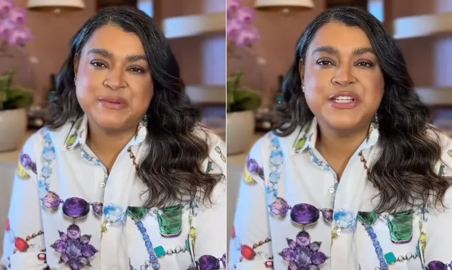 Duas imagens da cantora Preta Gil capturadas de vídeo do Instagram. Ela tem os cabelos solos e usa camisa branca com estampa de flores coloridas.