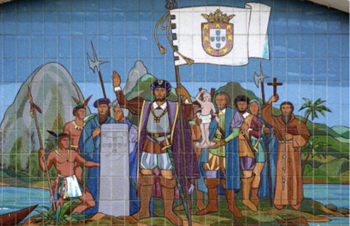 Painel de azulejos na fachada da Igreja dos Capuchinhos, na Tijuca, com alegoria da fundação da cidade