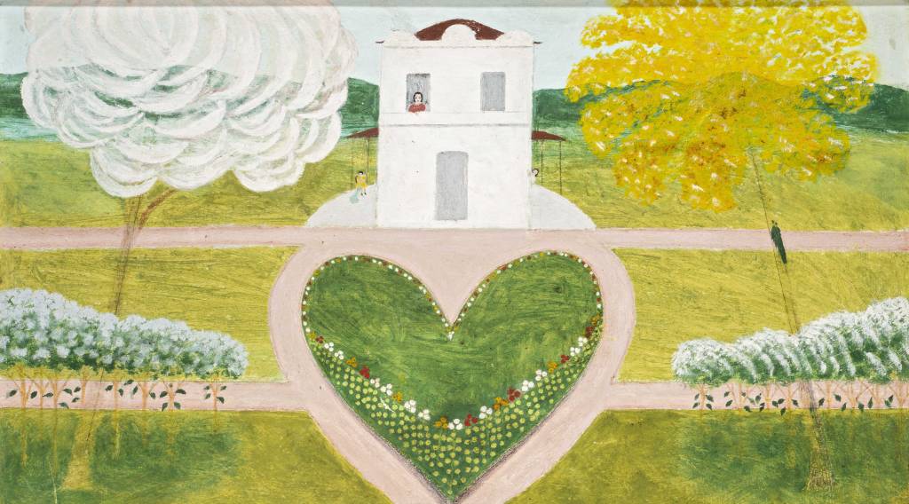 Paisagem mostra igrejinha branca e, na frente, um jardim, com caminhos formando um coração.