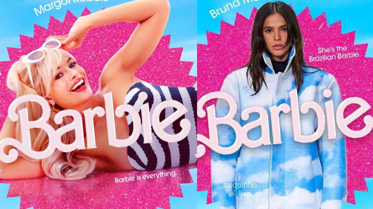 Foto mostra pôster original do filme Barbie com Margot Robbie e versão com Bruna Marquezine