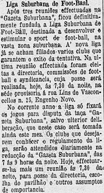 Matéria do jornal O Paiz, do dia 7 de maio de 1916, elogiando a Liga Suburbana de Futerbol.