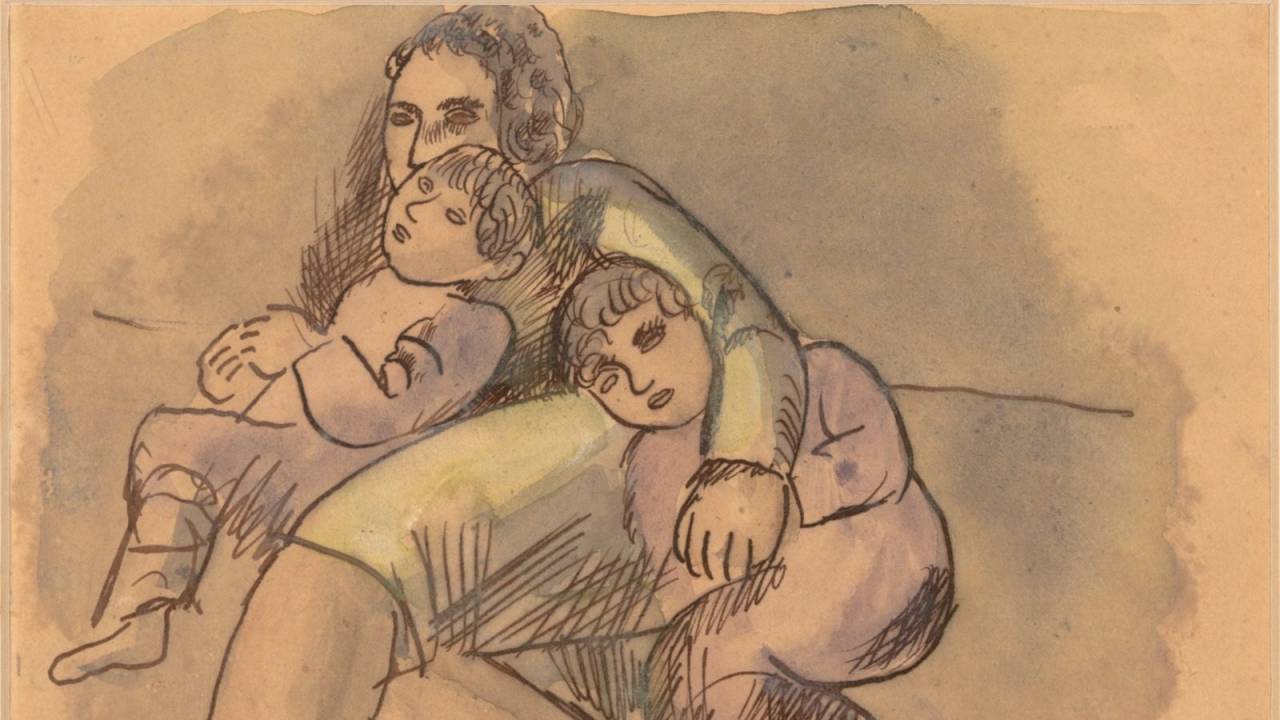 Ilustração, feita com nanquim e aquarela sobre papel, com linhas pretas marcadas, com a uma mãe (Jenny Klabin Segall) abraçada a dois filhos