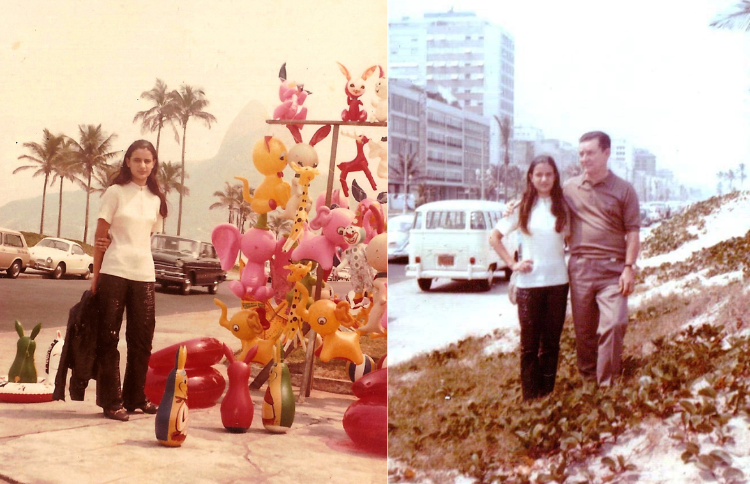 Parada em Ipanema: à esquerda, filha posa para foto em frente ao comércio de brinquedos de plástico; à direita, pai e filha diante das dunas