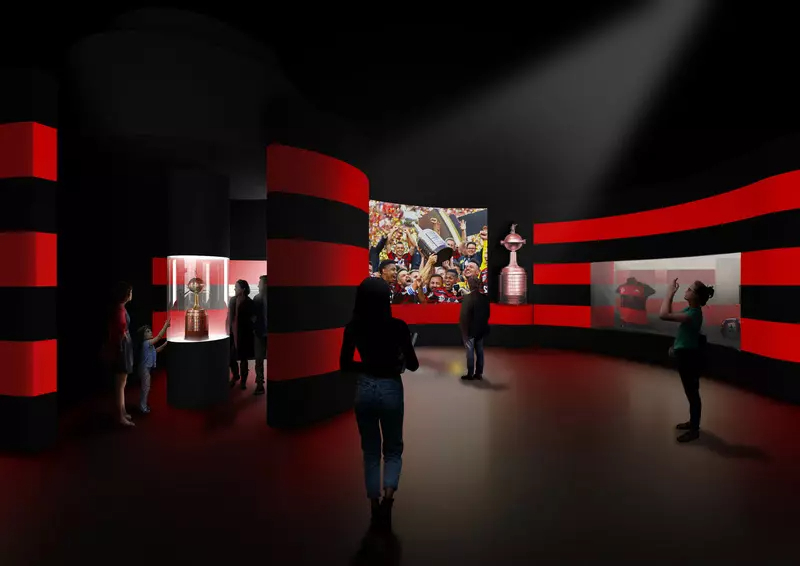 Ilustração feita por computador mostra sala interativa no Museu do Flamengo