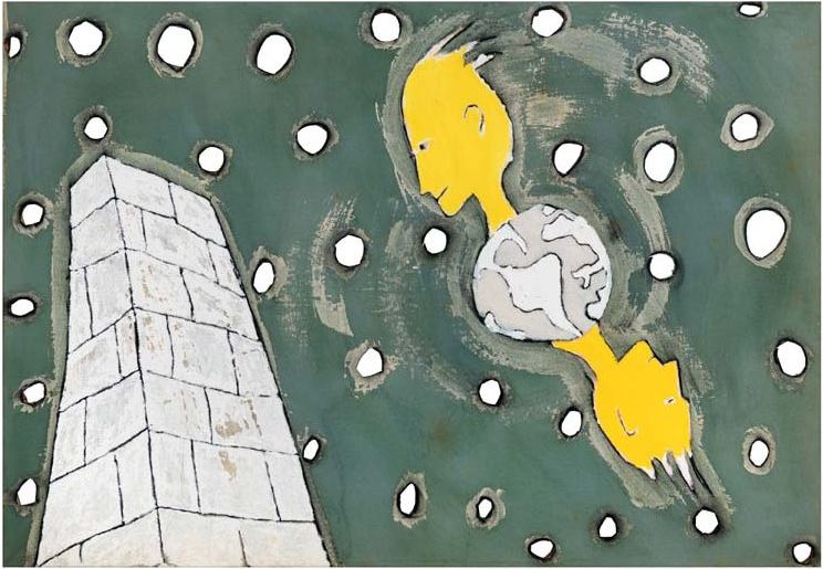 Obra de Leonilson tem céu cinza, com pontos brancos representando as estrelas, uma espécie de obelisco de pedra e a terra, com duas grandes cabeças amarelas saindo dela, uma de cada lado.