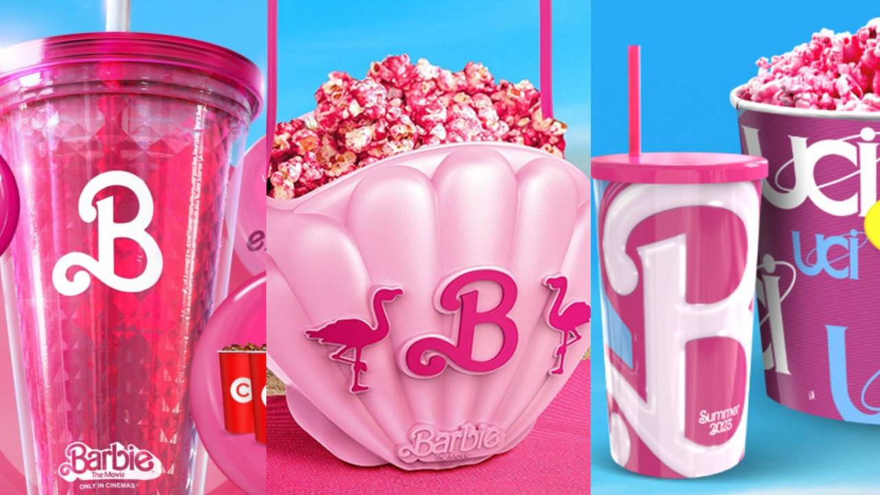 Foto mostra baldes de pipoca e copos com o tema Barbie