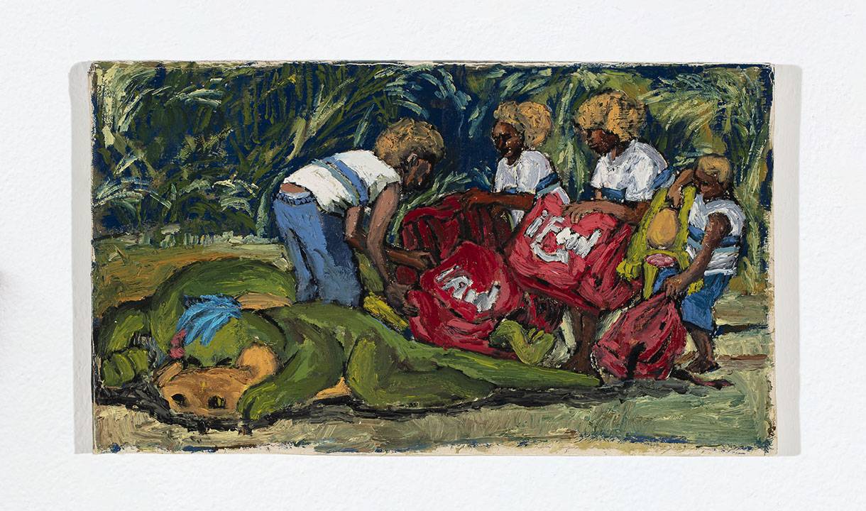 Pintura em óleo sobre tela que traz meninos negros de cabelos curtos e descoloridos com o uniforme das escolas municipais cariocas, usando mochilas vermelhas dos carregadores do ifood e brincando com o personagem Dino, do Danoninho, um dinossauro verde.