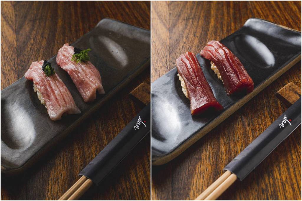 Diferentes cortes de bluefin maturado, como o otoro (à esq.) e o akami (à dir.): no cardápio do San