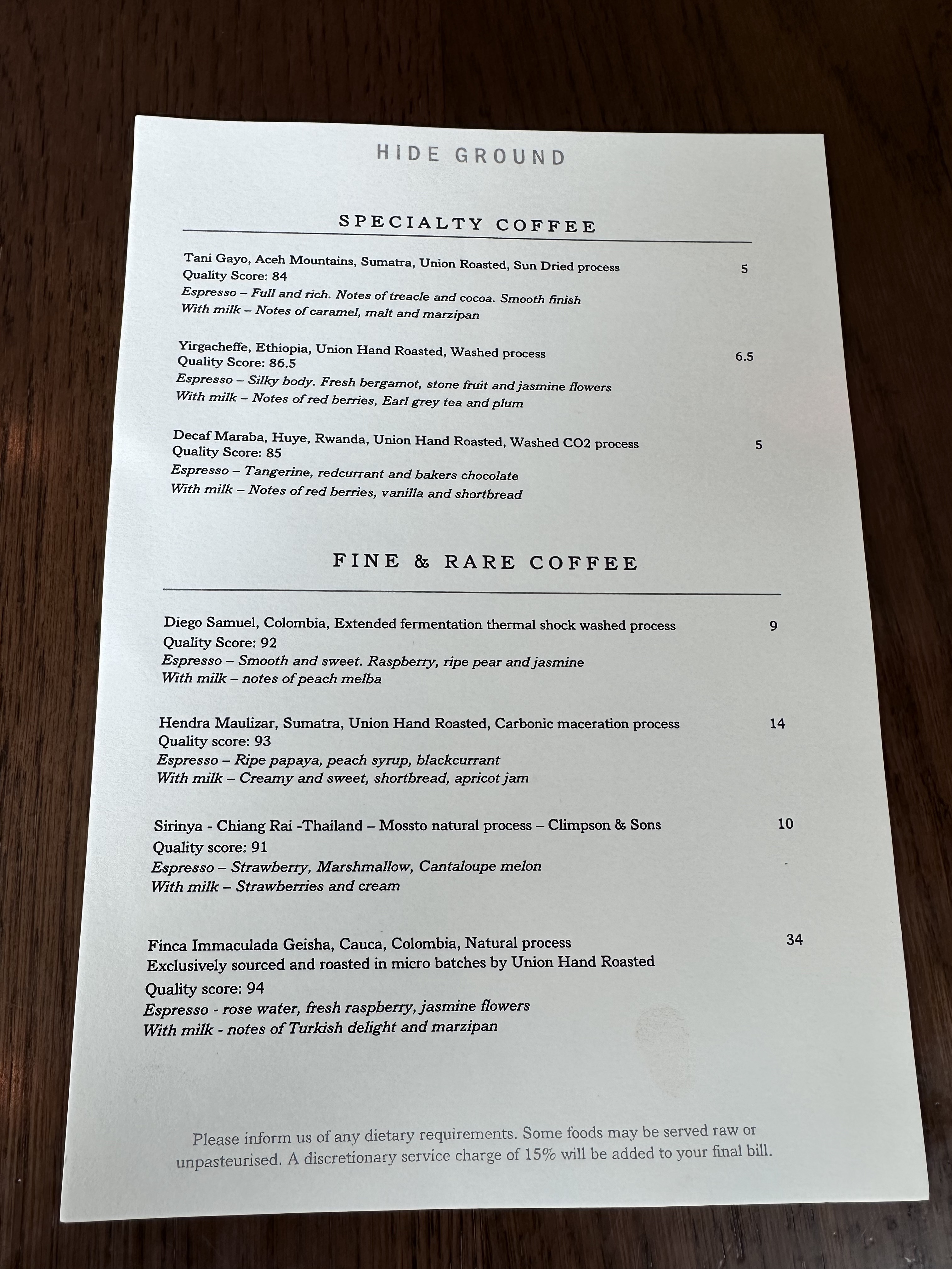 carta de café, no Hide, em Londres