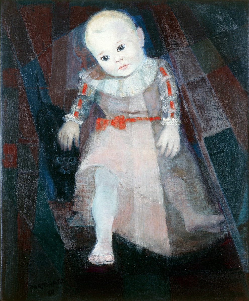 Pintura mostra menina pequena sobre fundo escuro
