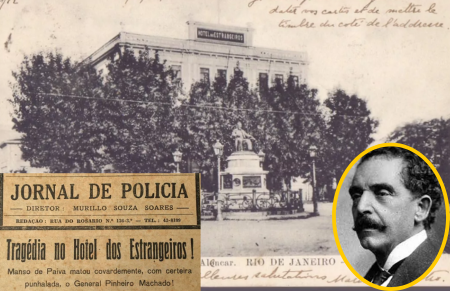 Em 8 de setembro de 1915, o senador gaúcho Pinheiro Machado foi morto no Hotel dos Estrangeiros, na Praça José de Alencar, no Flamengo. A imagem mostra a fachada do hotel, que já não existe. Mostra também a estátua de José de Alencar, que ainda está lá hoje. à esquerda da imagem, uma manchete de jornal da época e, à direita, o rosto de Pinheiro Machado