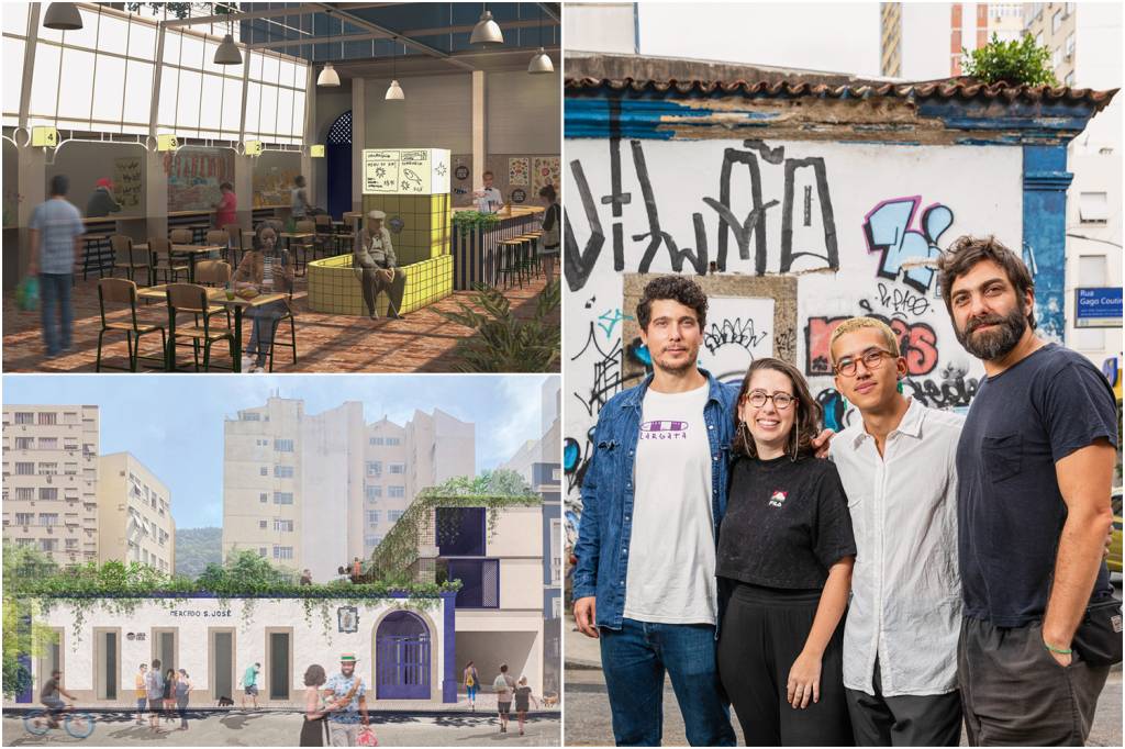 A13A9341.jpg De casa própria: o projeto do novo mercadinho (à esq.), que terá expositores com a curadoria dos sócios da Junta, Bruno, Mariana, Guilherme e Thiago (à dir.)