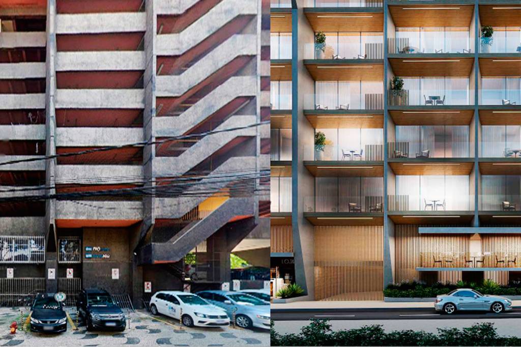 Antes e depois: o prédio da Rio-Urbe, no Humaitá, vai virar residencial