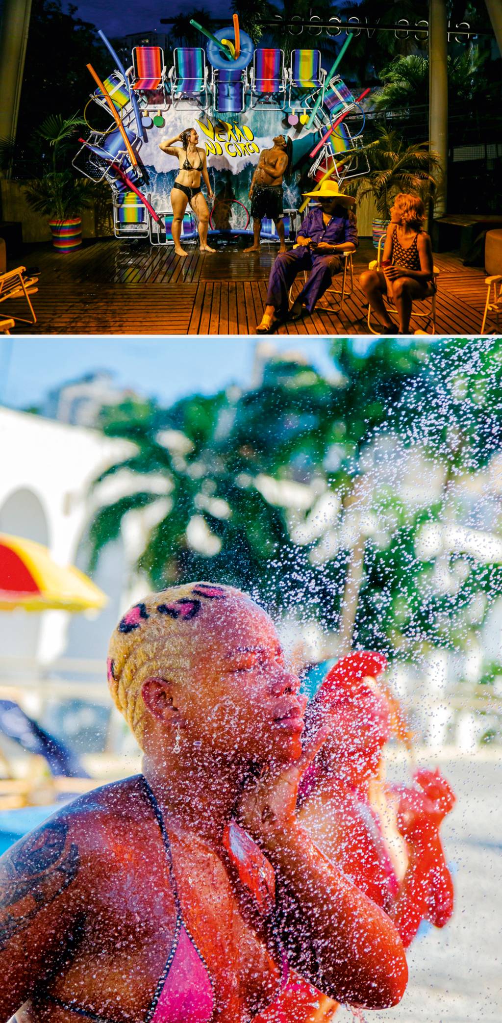 Banho de chuveiro: atração em dias de calor no Circo (acima) e na Fundição (abaixo)