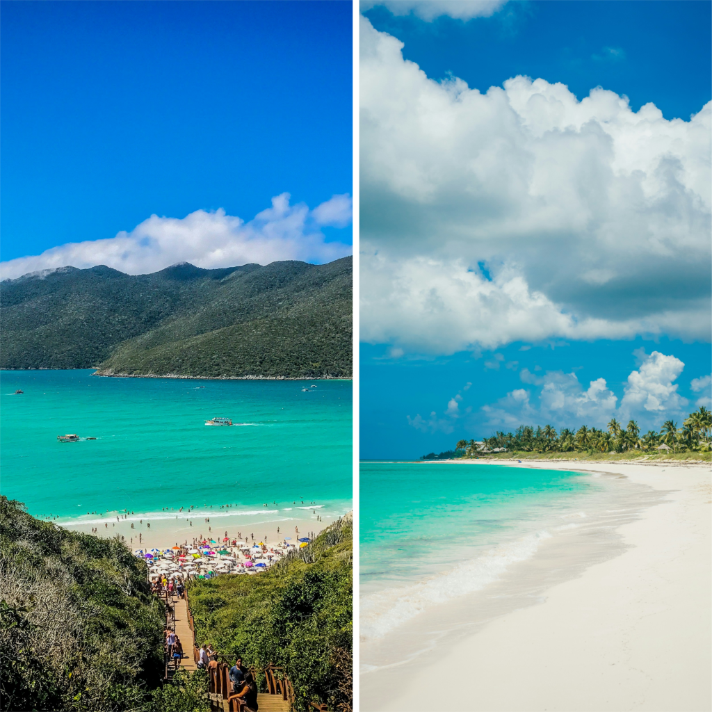 Arraial do Cabo, no Rio de Janeiro, à esquerda. Já Bahamas, no Caribe, à direita.