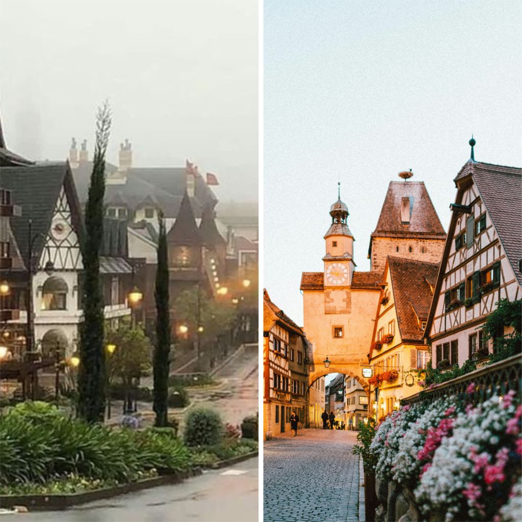 Gramado (esquerda da foto) inspirada fortemente na arquitetura da Alemanha.