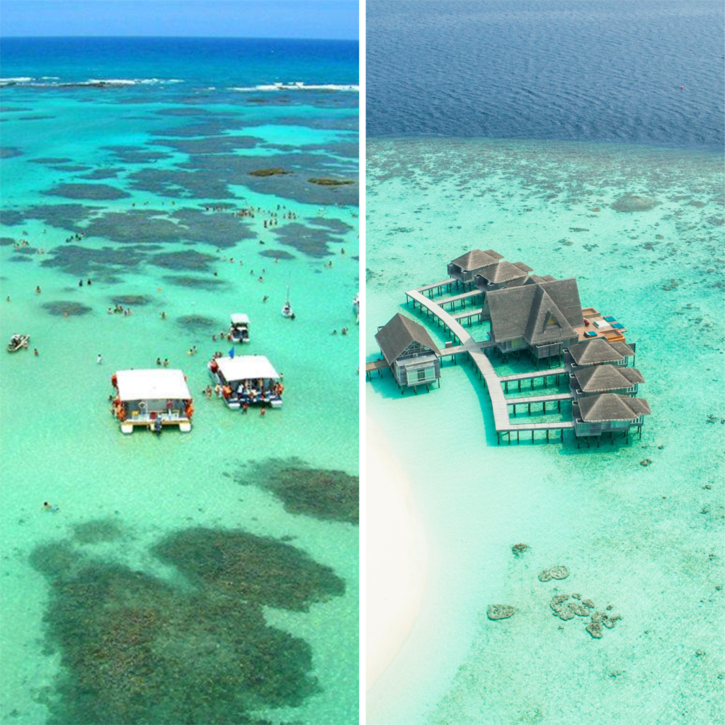 Maragogi, em Pernambuco, à esquerda. Maldivas, na Ásia, à direita.