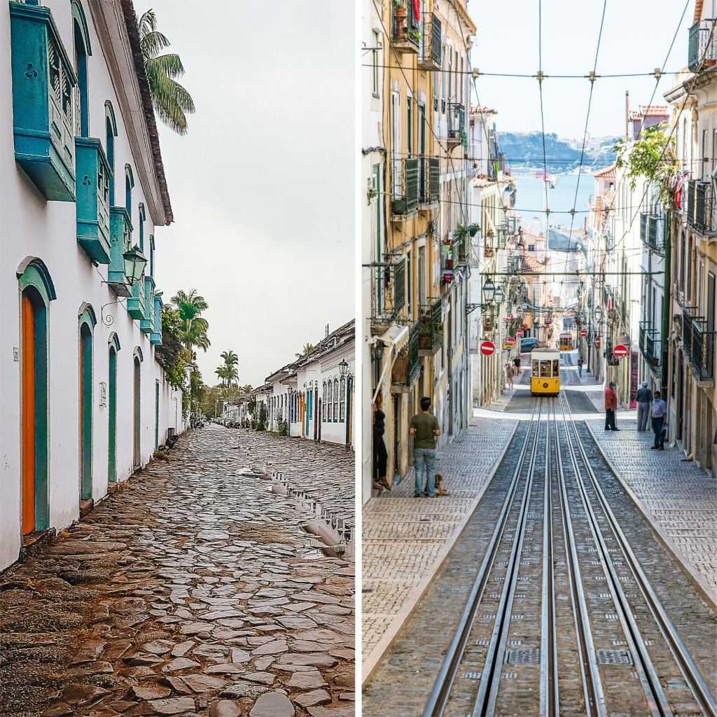Cidade de Paraty, no Rio de Janeiro, à esquerda. Lisboa, capital de Portugal, à direita.