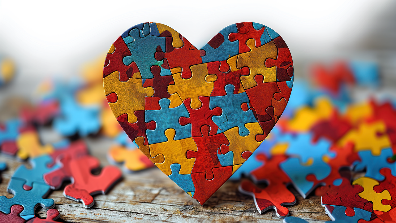 Coração composto por peças nas cores que fazem alusão ao símbolo do autismo.