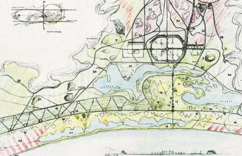 Ilustração que mostra o plano piloto da Barra da Tijuca, feito por Lúcio Costa, no final dos anos 1960.