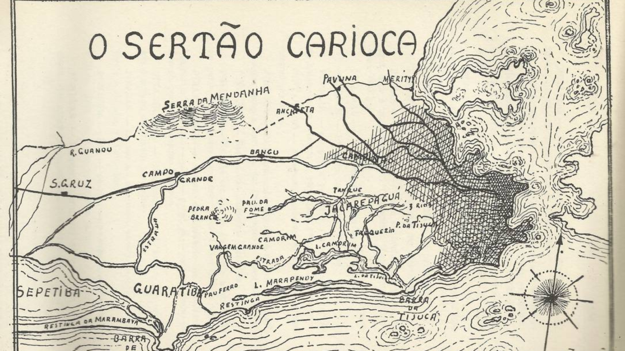 A imagem mostra um mapa do Município do Rio de Janeiro que destaca uma região em seu interior chamada de "Sertão Carioca"