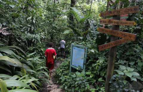 A imagem mostra pessoas caminhando numa trilha em meio à mata. Há placas com setas indicando as atrações naturais do local.