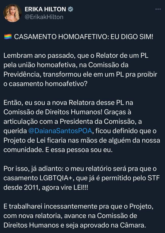 Erika Hilton é relatora da PL do Casamento Homoafetivo