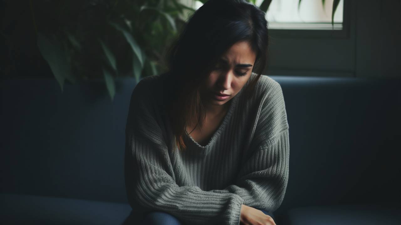 Menina cabisbaixa com aparência triste.
