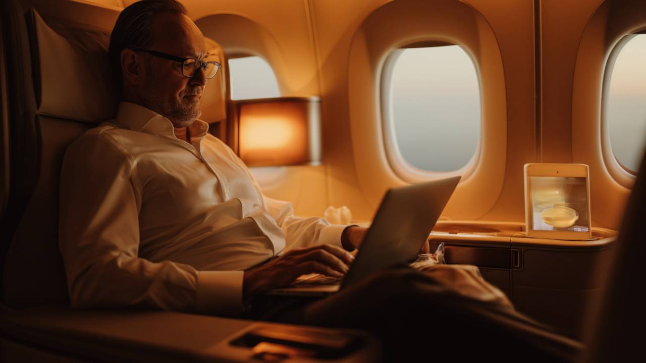 Homem em voo de avião.