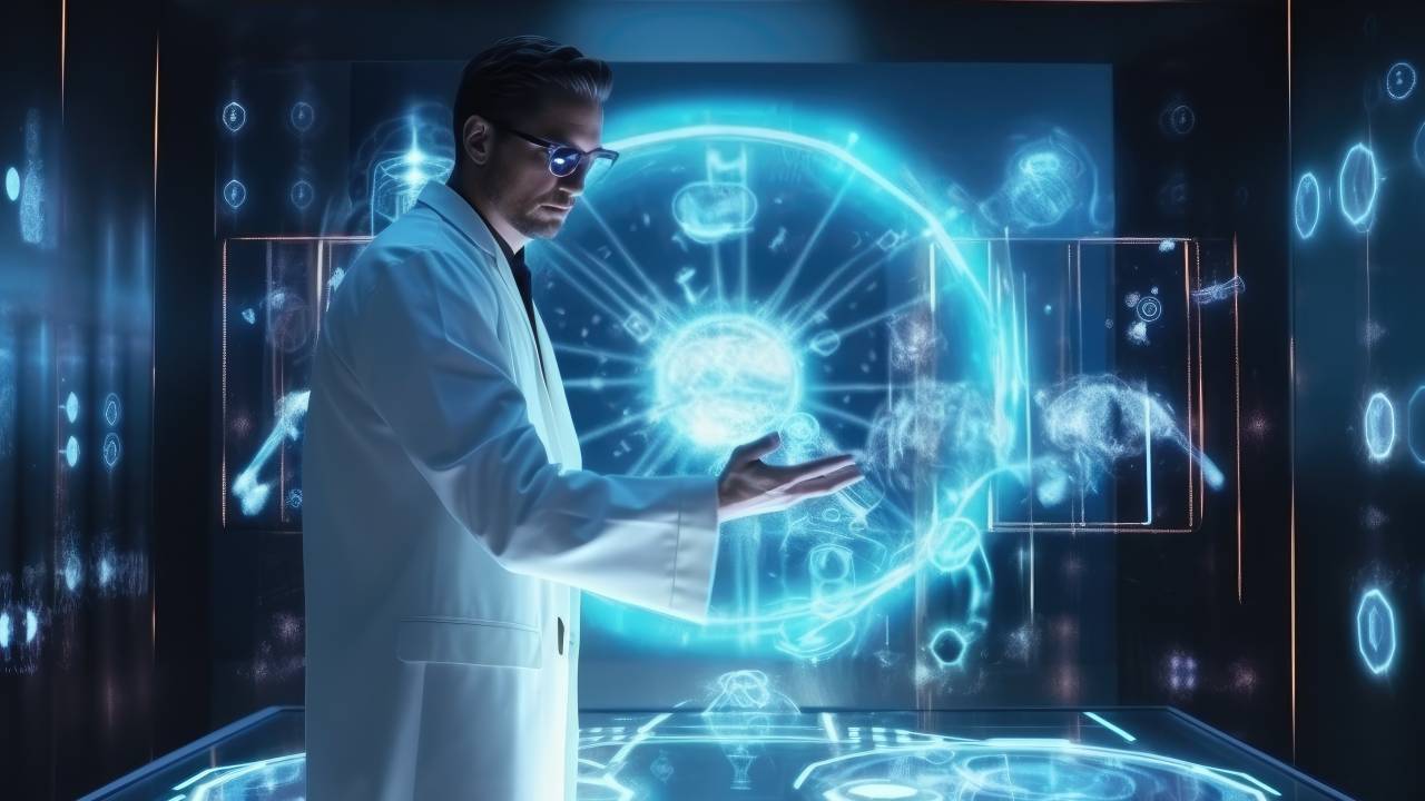 Médico diante de um painel de inteligência artificial.