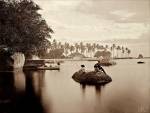 Praia na Ilha de Paquetá, com diversas pedras e muitas palmeiras. Em uma delas, estão um homem e um menino pescando.