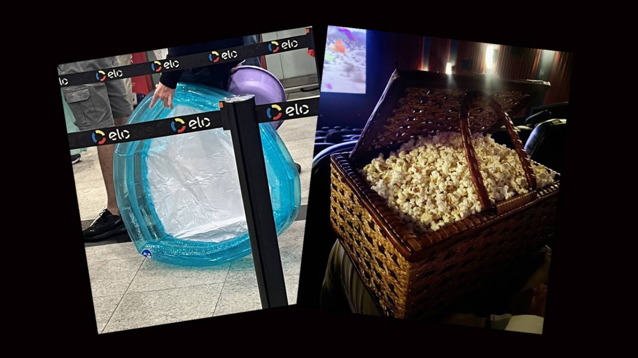 Na fila um espectador com uma piscina de plástico; e já dentro de uma das salas, uma cesta de piquenique