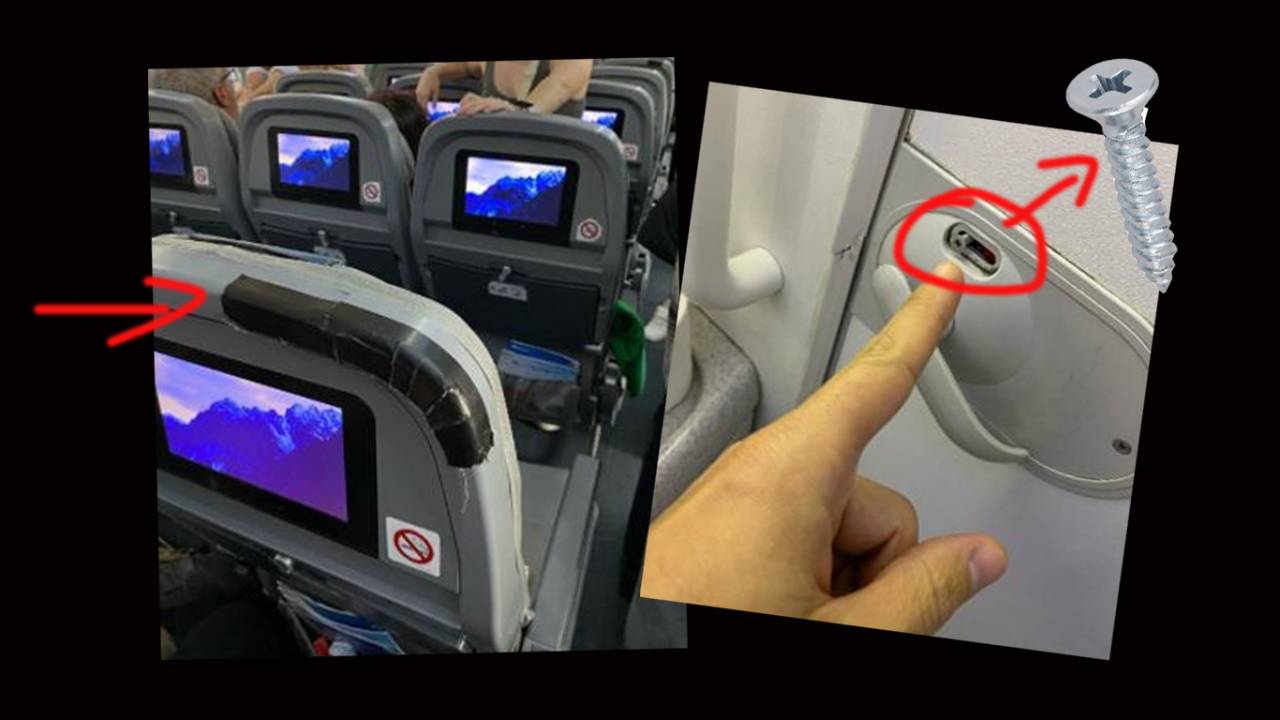 Um dos assentos emendado com fita adesiva; a porta do banheiro travada com parafuso exposto