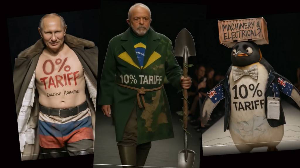 Internauta cria IA com líderes mundiais no desfile “Tarifaço de Trump”