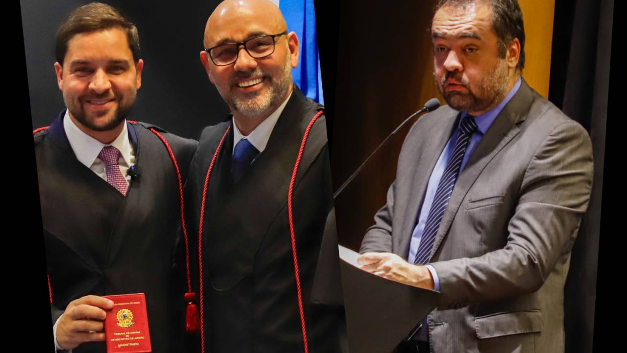 Thiago Pampolha com Márcio Pacheco, presidente do TCE-RJ; e Cláudio Castro em discurso