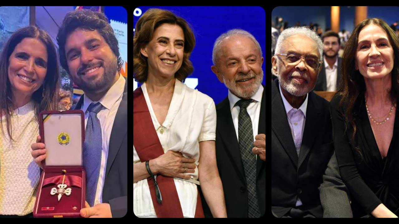 Malu Mader com o filho Antonio Mader Bellotto recebendo a Ordem por Tony Bellotto; Fernanda Torres e Lula; Flora e Gilberto Gil