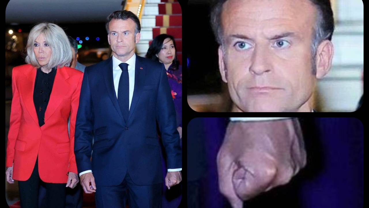 A expressão de Macron logo depois e os punhos fechados