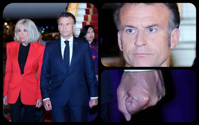 A expressão de Macron logo depois e os punhos fechados