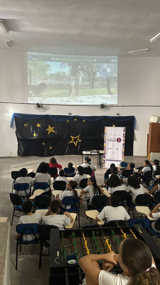 O telão na sala de aula mostrando o voo na savana africana