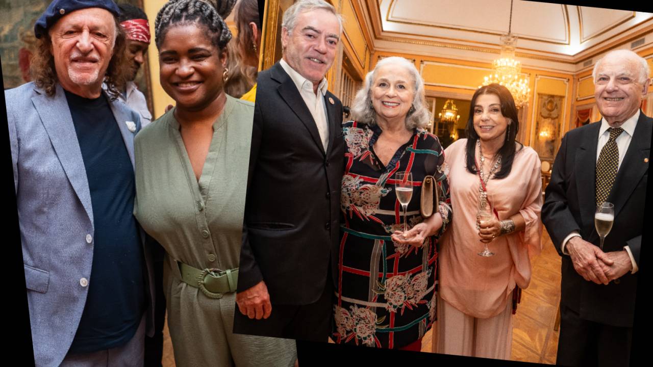 Alceu Valença e Samara Líbano, cantora e violonista que animou a noite; Ricardo Oliveira (sócio da Geocob, empresa de engenharia patrocinadora do projeto), Hildegard Angel, Connie Lopes (criadora do projeto) e Francis Bogossian (sócio da Geocob)