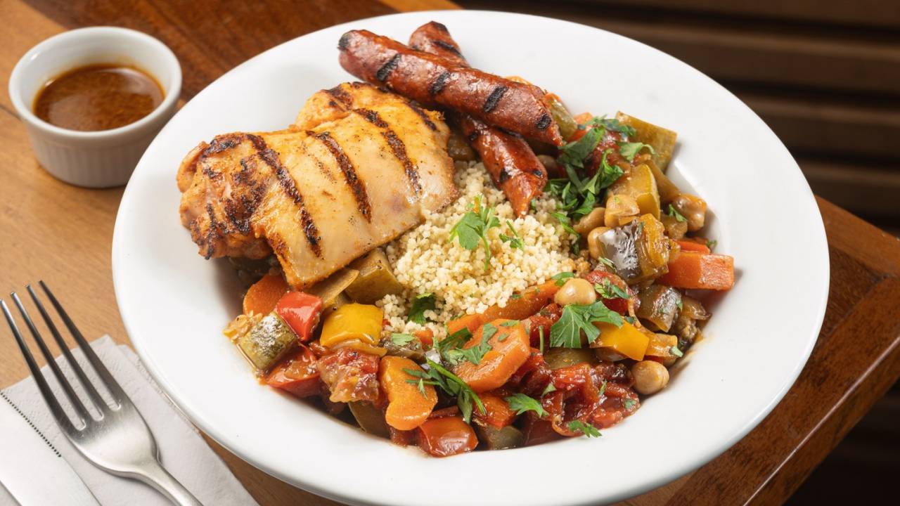 Demi Boteco: cuscuz marroquino com ratatouille, linguiça de carneiro e especiarias