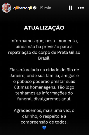 Gilberto Gil confirma que ainda não há data para chegada do corpo de Preta Gil