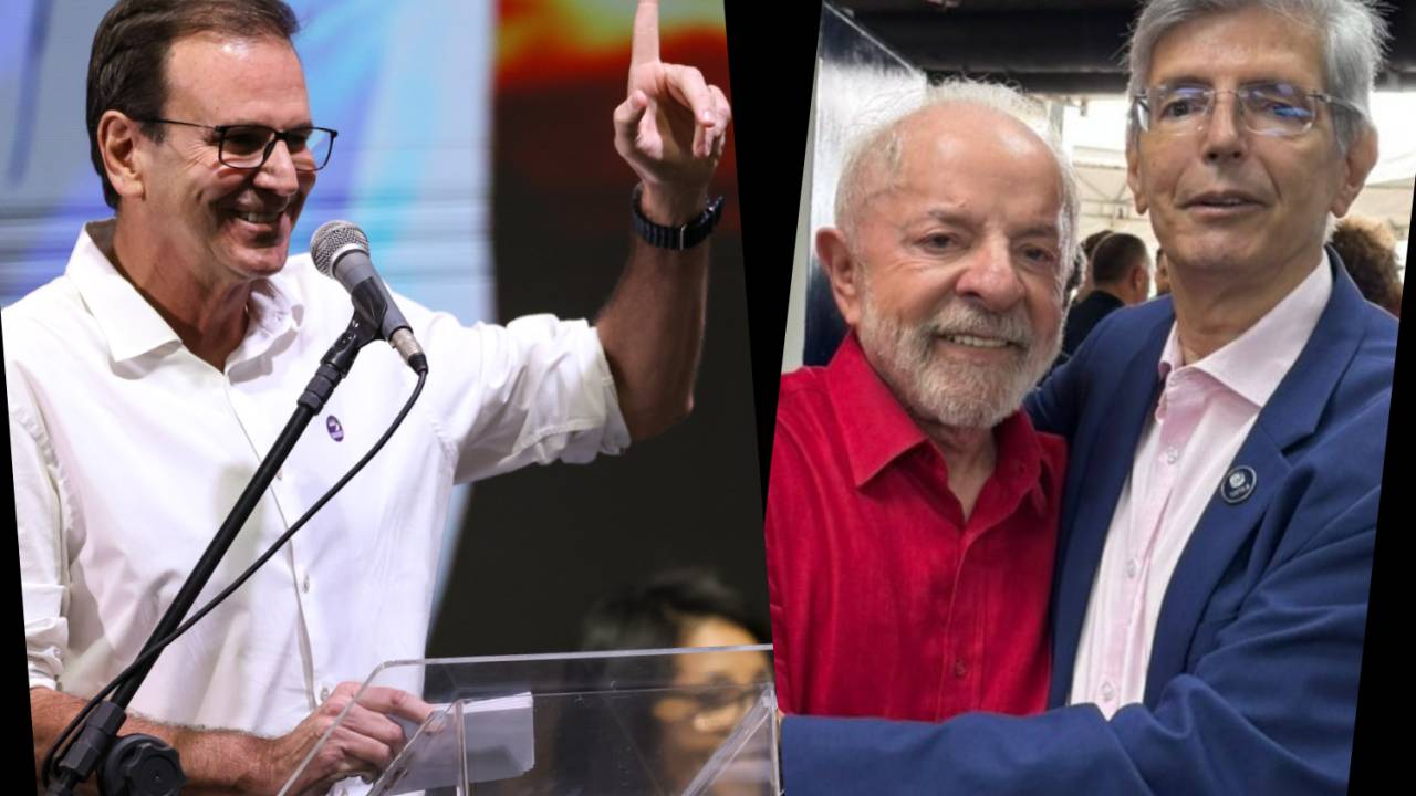 Eduardo Paes em discurso; Lula e Roberto Medronho, reitor da UFRJ