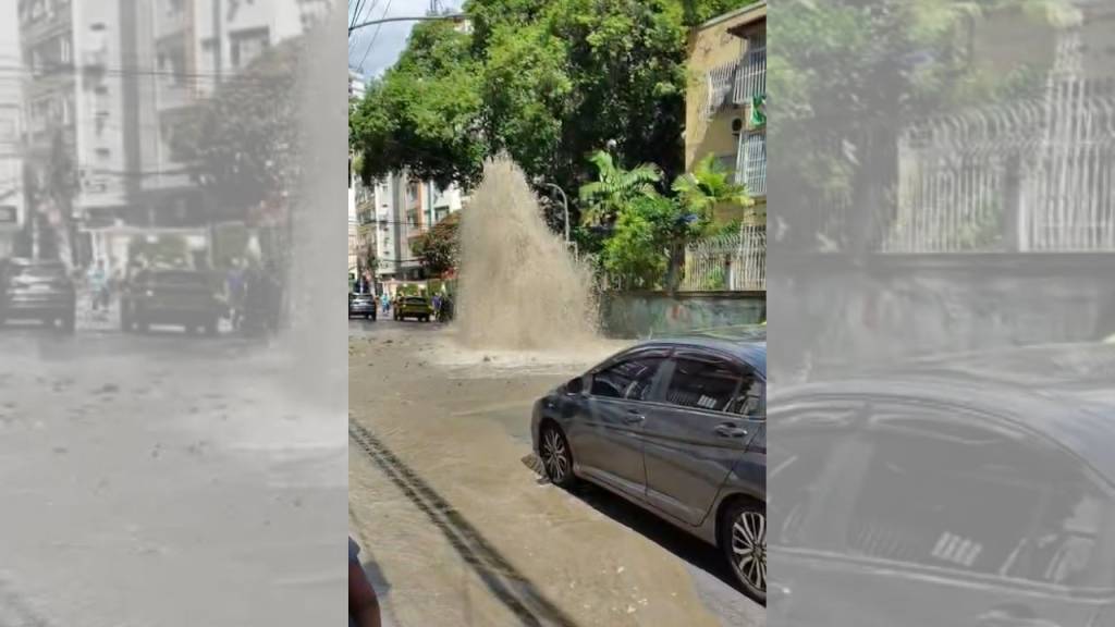 Tubulação se rompe em Botafogo, alaga ruas e causa transtorno. Veja o vídeo