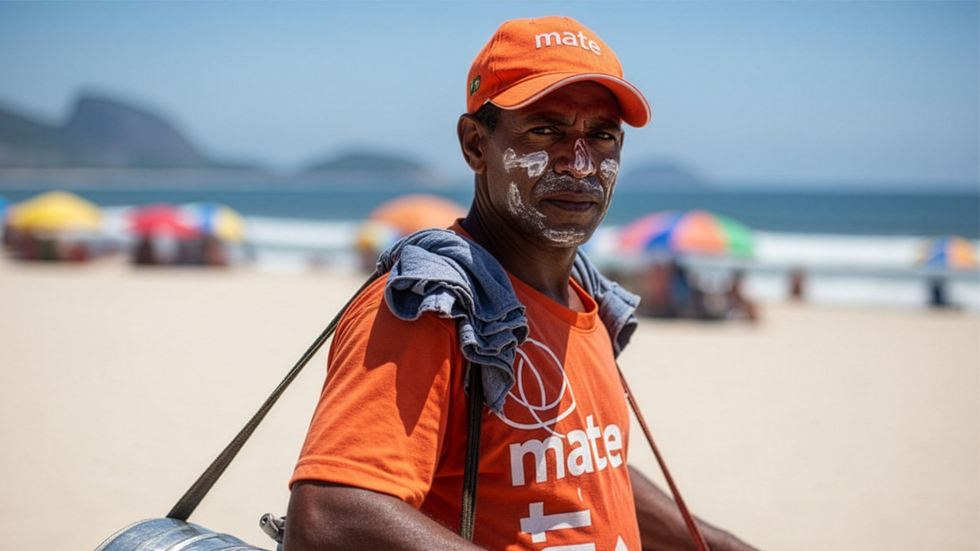 Vendendor de mate na praia: oferecer proteção solar aos ambulantes que trabalham na areia é investir na imagem e na economia da cidade