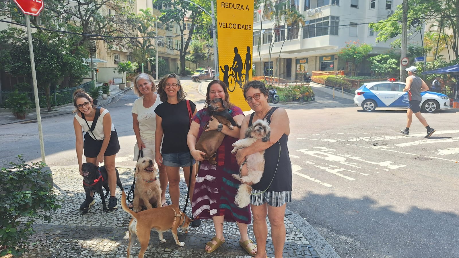Cinco mulheres em pé na rua com cachorros